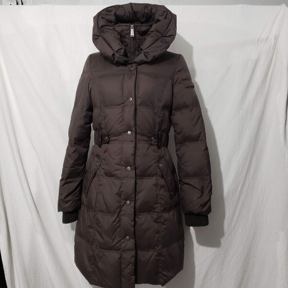 DKNY Brown Nylon 60% Down Puffer Coat Trench Hooded Belted S
